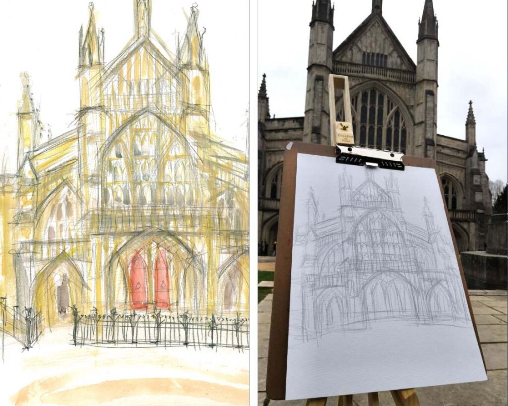 Winchester Cathedral painting and cathedral as the background