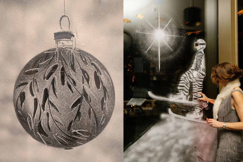 Creative corporate christmas party ideas using snow art graffiti windows