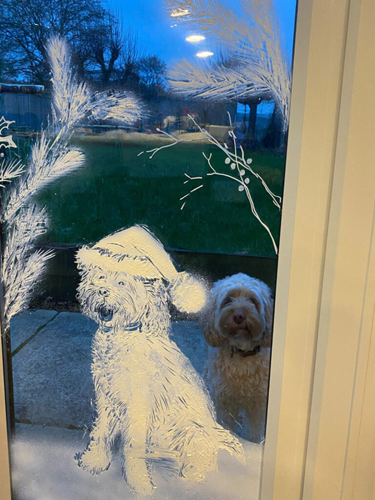Snow art window with dog, Christmas snow graffiti pets, Christmas snow graffiti ideas