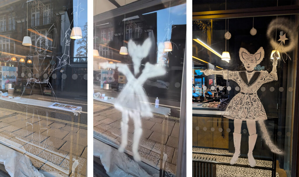 How to make a snow art window, snow graffiti, Christmas panto character art